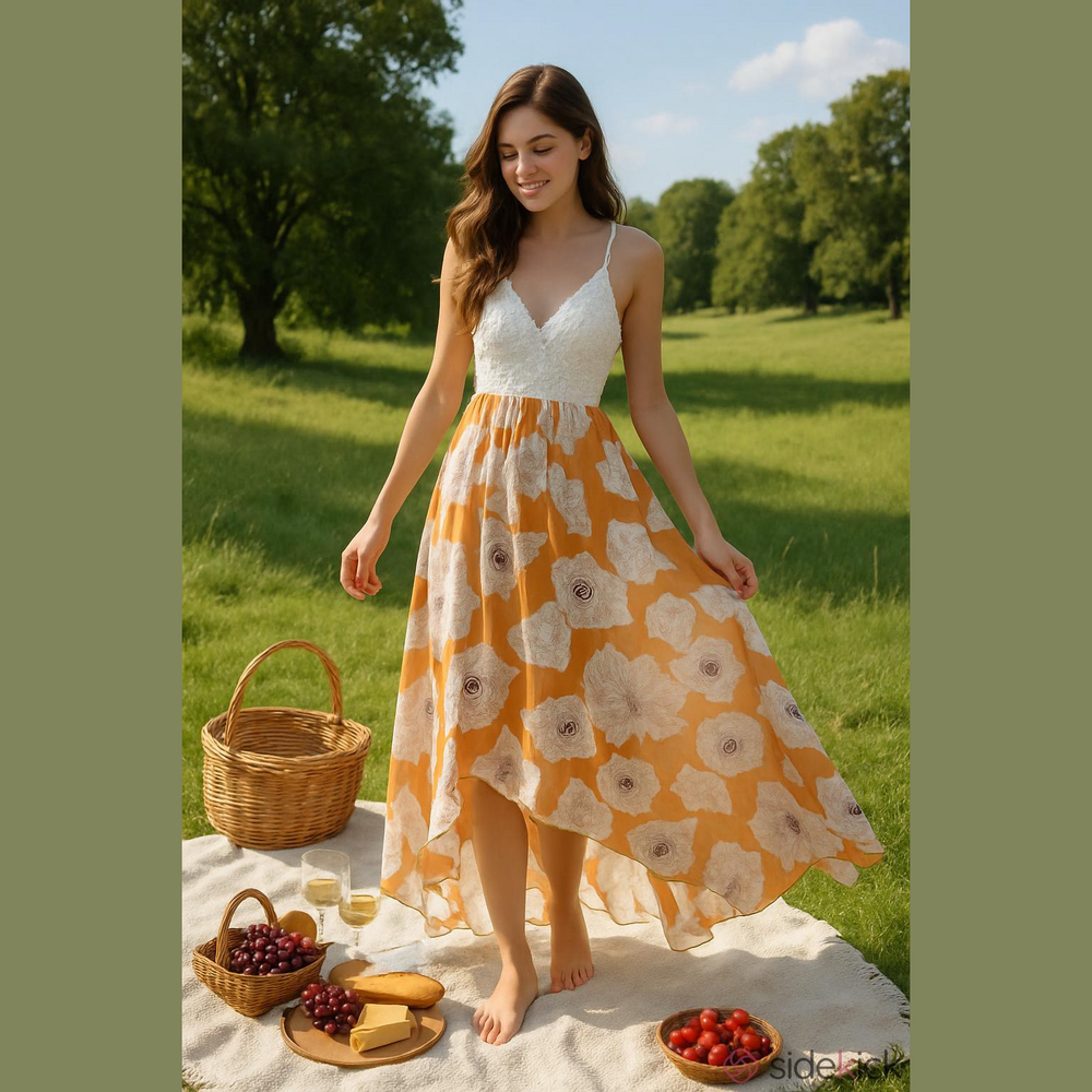 PatPat High Low Orange Floral Maxi Dress White Lace Bodice Boho Summer L - Picture 1 of 6
